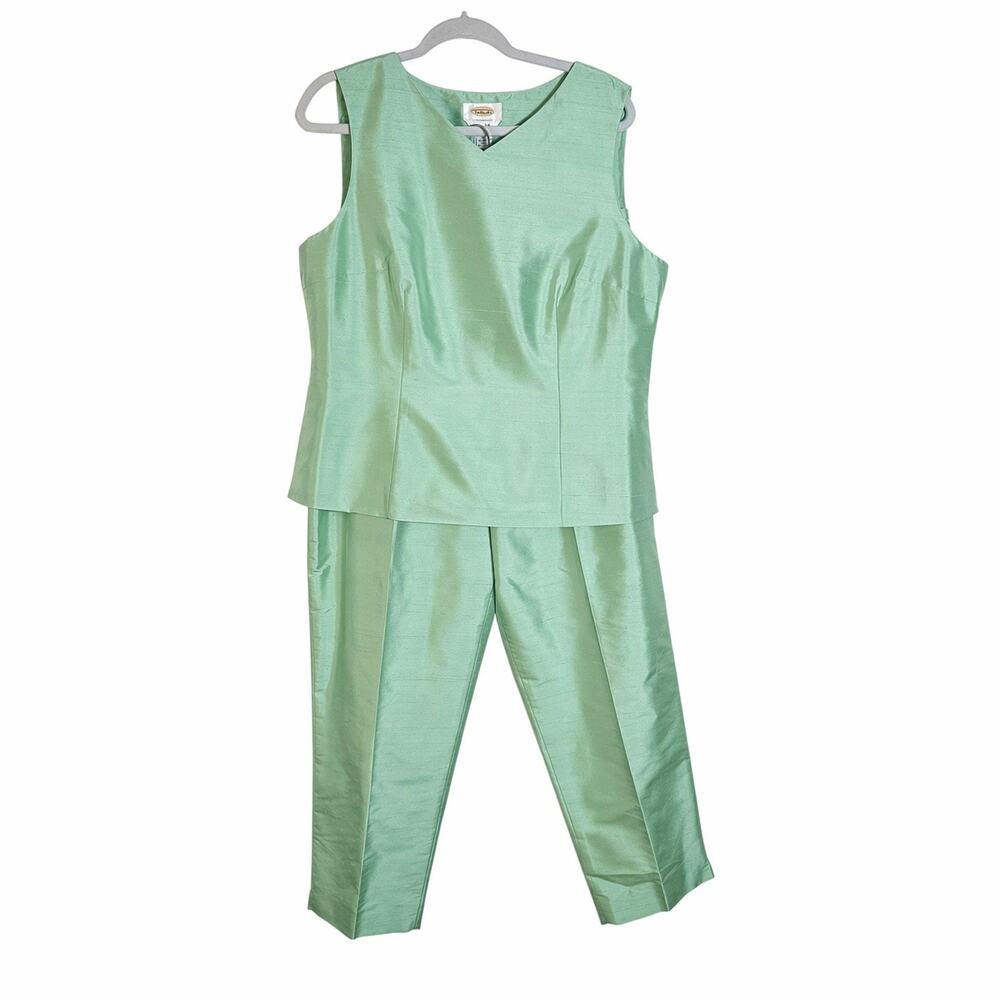 Vintage 90s Talbots Pure Silk Women 16/18 Sage Green Shantung Silk 2 pc Pant Set - Picture 2 of 14